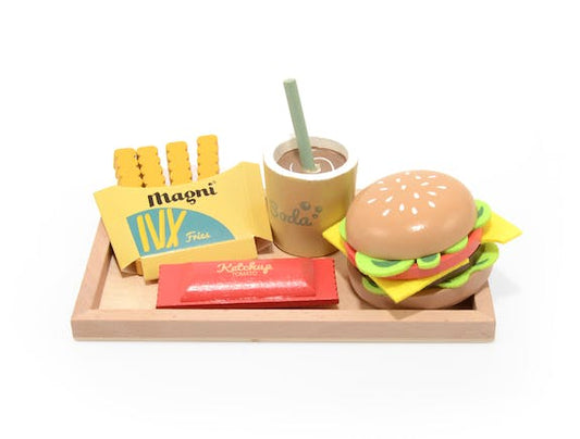 Set Burger en bois (plateau + burger + frites + ketchup + soda)