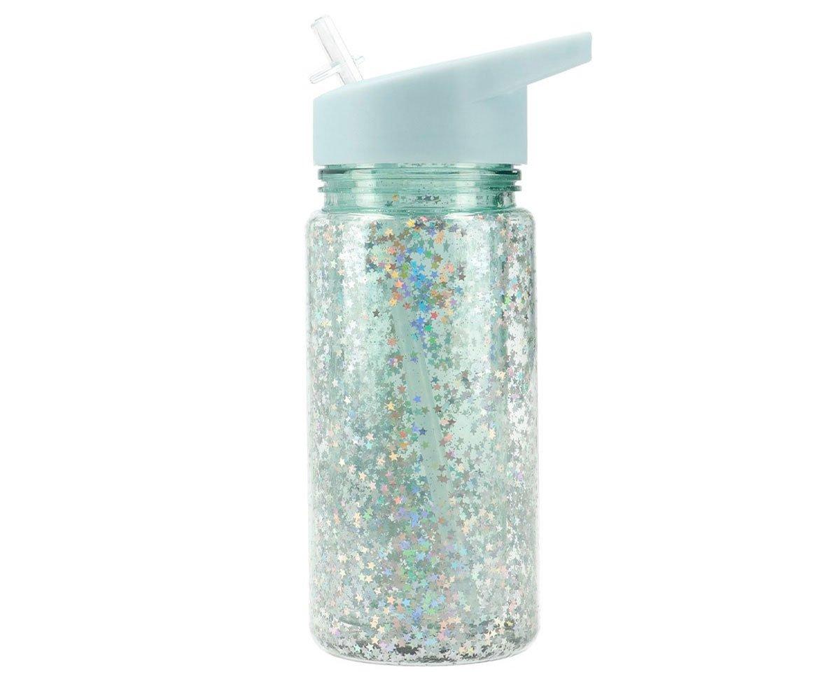 Gourde en Plastique avec Paille Glitter Stars Turquoise Personnalisable - Tutete