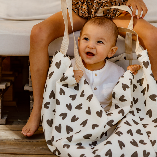 MAXI CABAS en toile de coton cœurs écru Family bag  - Atelier Wagram